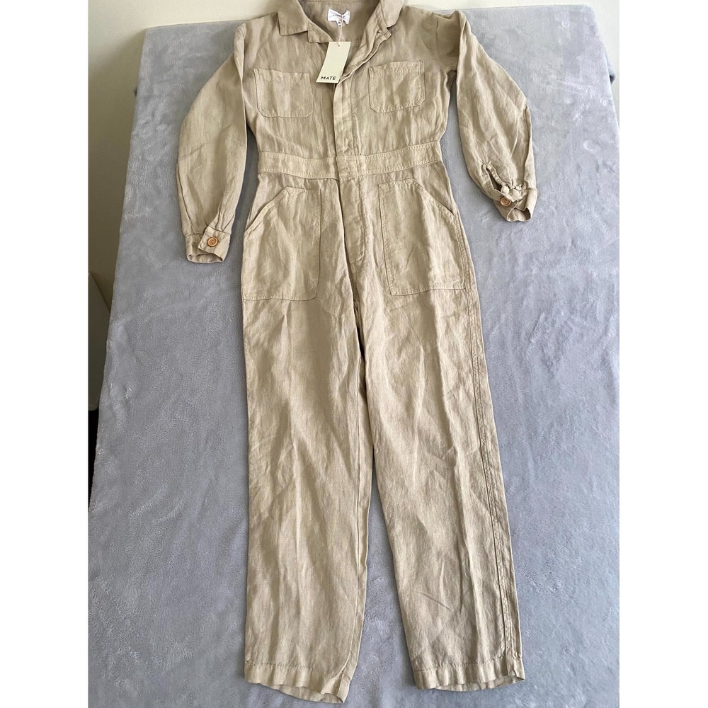 Mate The Label Linen Long Sleeve Jumpsuit Womens XS Natural Sustainable Utility